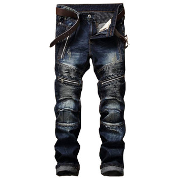 Newsosoo Men's Pleated Biker Jeans Pants Slim Fit Brand Designer Motocycle Denim Trousers For Male Straight Washed Multi Zipper