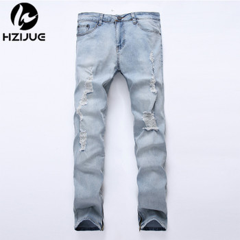 2018 Plus Size Ripped jeans Men Jeans Hole Designer Summer Mens side zipper Jeans Slim Cotton European Style Denim Trousers