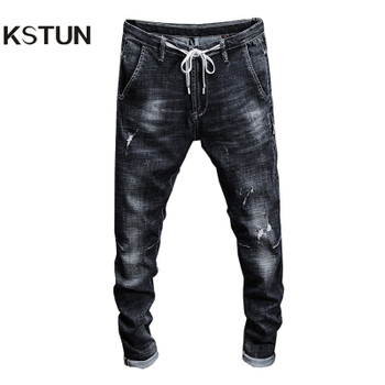 KSTUN Jeans Men Black Grey High Stretch Quality Brand 2018 Summer Ripped Drawstring Skinny Tapered Pockets Joggers Boys Pants