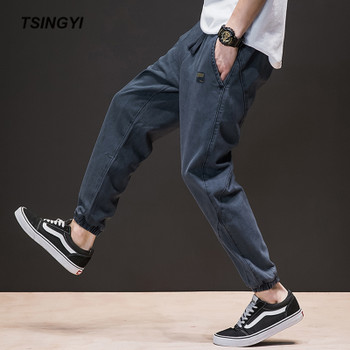 Tsingyi Spring Summer Japan Style Do old Wash Denim Jeans Blue Black Mens joggers Hip Hop Drawstring Plus size Men's Harem Pants