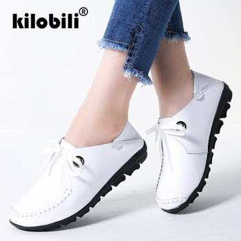 kilobili 2018 Spring women flats shoes women oxford lace up ballet flats moccasins White boat shoes ladies lazy loafers shoes