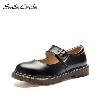 Smile Circle Mary Jane Flats Shoes Women Genuine Leather platform shoes Autumn 2018 Comfortable Round Toe casual shoes For Women