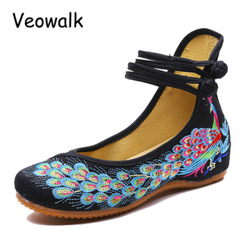 Veowalk Spring Handmade Woman Ballet Flats Shoes Sequined Peacock Embroidery Shoes Women Old Peking Casual Cloth Dancing Shoes