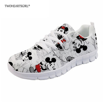 Twoheartsgirl Fashion Women Sneakers Printed Cute Cartoon Mouse Flat Shoes Casual Lace Up Female Ladies Mesh Shoes Zapatos plus
