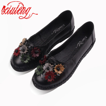 2018 Retro Shoes For Woman Handmade Shoes Genuine Leather flats with Butterfly-knot Spring Lady Sandals Flowers Mother Shoes