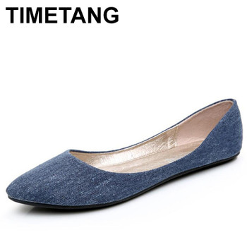 TIMETANG  New Women Soft Denim Flats Blue Fashion High Quality Basic Pointy Toe Ballerina Ballet Flat Slip On Office Shoes