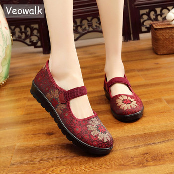 Veowalk Vintage Floral Embroidered Women Satin Mary Janes Buckle Flats Soft Comfort Ladies Casual Non-skid Shoes Mother Shoes