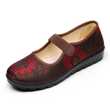 Veowalk Vintage Floral Embroidered Women Satin Mary Janes Buckle Flats Soft Comfort Ladies Casual Non-skid Shoes Mother Shoes