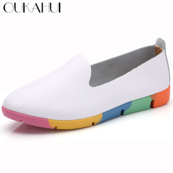 OUKAHUI Summer Design Fashion Genuine Leather Flat 2018 Loafers Shoes Women Leather Soft Colorful Pointed Toe Flats Woman Shoes 