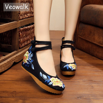 Veowalk Chinese Mid Top Women Canvas Flat Platforms Shoes Ladies old Peking Flower Cotton Embroidered Comfortable Zapatos Mujer 