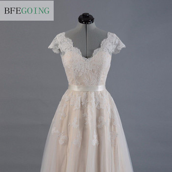 Vestido de novia Lace A-line Wedding dress Cap sleeve  V-back Bridal gown Lace with Tulle