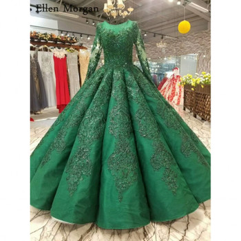 High Quality Green Ball Gowns Wedding Dresses 2018 Saudi Arabian Dubai Lace up Vintage Long Sleeves Muslim Bridal Gowns