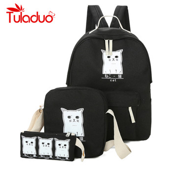 Women Backpack Cat Printing Canvas School Bags For Teenager Girls Preppy Style 3 Set/PC Rucksack Cute Book Bag Mochila Feminina