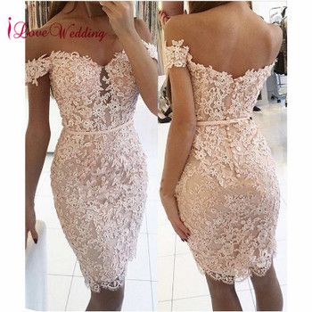 Hot New 2018 Sweetheart Off the Shoulder Lace Applique Beaded Pink Lace Fashion Party Cocktail Dresses