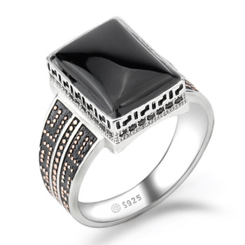 925 Sterling Silver Ring Punk Geometric Rectangle Black Agate Stone Small Zircon Stone Ring for Men Wedding Fine Jewelry