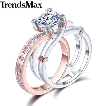 Trendsmax Round Cut Cubic Zirconia Women Band Ring 925 Sterling Silver Wedding Engagement Pink Gold Color 2.97-7.66 Carat KSRM06