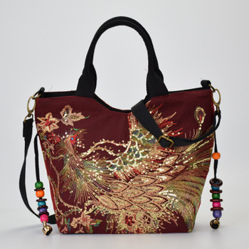 Veowalk Shiny Sequins Peacock Embroidered Women Canvas Totes Bag, Shopping Shoulder Bag Vintage Beaded String Embroidery Handbag