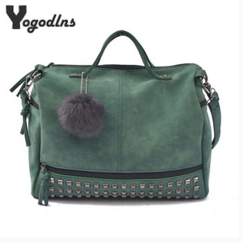 Hot Vintage Nubuck Leather Female Top-handle Bags Rivet Larger Women Bags Hair Ball Shoulder Bag Motorcycle Messenger Bag 