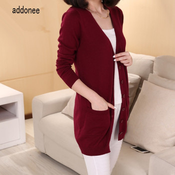Addonee Spring Autumn Winter Cashmere Cardigan Female Medium-Long Wool Sweater Loose Long-sleeve Plus Size Wild Solid Warm Slim 