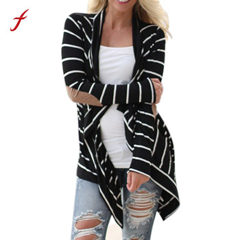 Feitong Black and White Stripe Elbow Patching PU Leather Long Sleeve Knitted Cardigan Fall Slim 2018 Spring Autumn Women Sweater