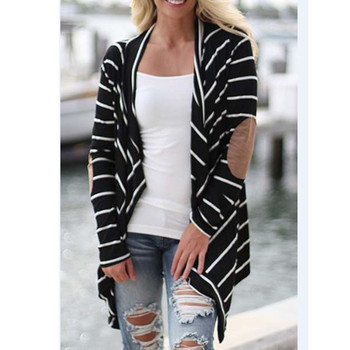 Feitong Black and White Stripe Elbow Patching PU Leather Long Sleeve Knitted Cardigan Fall Slim 2018 Spring Autumn Women Sweater