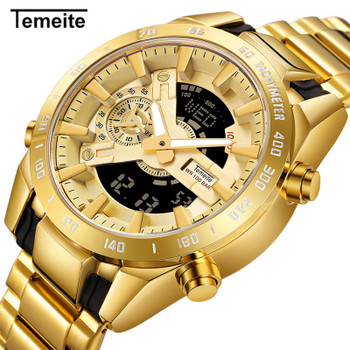 Temeite Golden Watches Men Luxury Brand Dual Display Men's Sport Digital Watch Luminous Quartz Clock Male Relogio Masculino