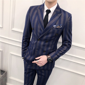 Slim Fit Double Breasted Suit 2018 Latest Coat Pant Designs Skinny Men Prom Stripe Suits Wedding Costume Homme Luxe 3 Piece