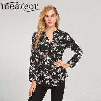 Meaneor Vintage Blouses Women Roll-Up Cuffed Sleeve Shirts Floral Print Asymmetrical Blouse Casual V Neck Long Sleeve Blusas