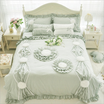 100%Cotton Korean Princess Style Handmade Lace Flowers Fold Lace Design Duvet Cover Bed Sheet Set White/Pink/Green Bedding Set