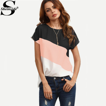 Sheinside Cut And Sew Patchwork Tops Color Block Casual Blouse 2017 Short Sleeve Women Summer Tops Buttoned Closure Back Blouse