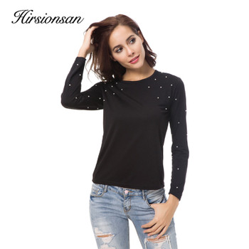 Hirsionsna Pearl Beading Summer T Shirt Women Long Sleeve Brand Solid Color Black Tees Femme Casual O Neck Elegant Top for Women