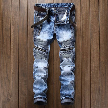 Brand Designer Denim Trousers For Male Pleated Biker Jeans Pants 2019 Men's Slim Fit Straight Washed Multi Zipper pants homme
