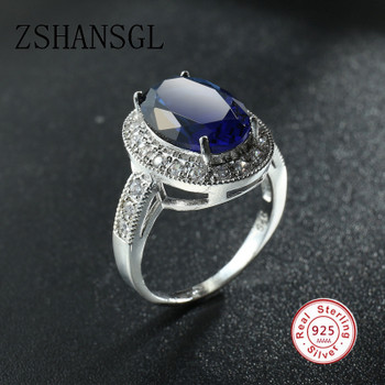 Trendy real solid 925 Sterling Silver Luxury Blue Stone Zircon Love Lady Ring Women's Valentine's Day Gifts for Bague Femme 