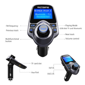 VicTsing Wireless Adapter Bluetooth FM Transmitter Radio Adapter Car Kit With Large Display Screen&amp;TF Card Slot&amp;USB Car Audio