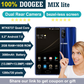 Original DOOGEE MIX Lite Smartphone Dual Rear 13MP Cams 5.2'' Android 7.0 MTK6737 Quad Core 2GB+16GB 3080mAh Fingerprint Phones