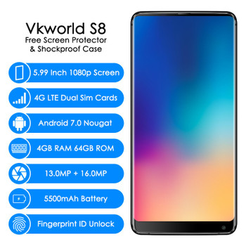In Stock Vkworld S8 4G LTE Dual Sim Card Smartphone 6.0 Inch Android 7.0 Octa Core 4GB+64GB Fingerprint OTG Mobile Phone 5500mAh