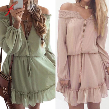 Women Clothing Vestidos 2018 Summer Solid Ruffles Off the Shoulder Women Casual Loose Long Sleeve Sexy Of V-Neck Bohemian Dress