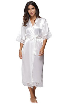 Summer Lace Patchwork Satin Kimono Robe Sexy Sleepwear Lingerie Chemises Women Silk Long Nightgown Wedding bridesmaid Robes