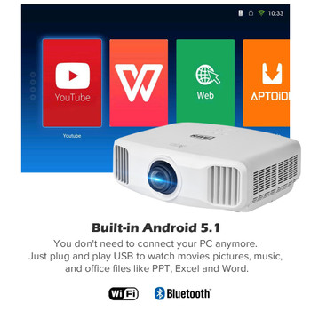 AUN 3LCD Projector Support 4K Decode 850ANSI Lumens, 2K Resolution 1920x1200, Built-in Android 5.1 WIFI Bluetooth. AKEY2x