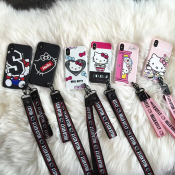 For iPhone 7 Relief Hello Kitty Pattern Soft TPU Phone Case For iphone 6 6S Plus 7 8 Plus X Xs Back Cover With Lanyard