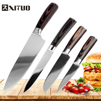 XITUO 4 pcs high quality Very sharp Chef knife 7CR17Mov stainless steel kitchen knives Mirror blade Santoku Knife Cooking Tool