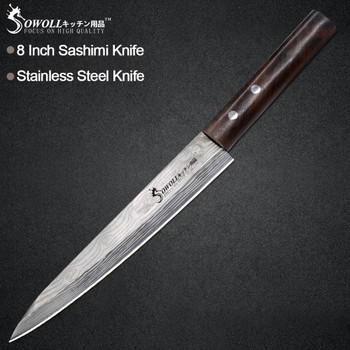  Sowoll Stainless Steel Sashimi Kitchen Knife 8 inch High Carbon Sharp Pattern Blade Knife Fish Sushi Cooking Tool Gift Box