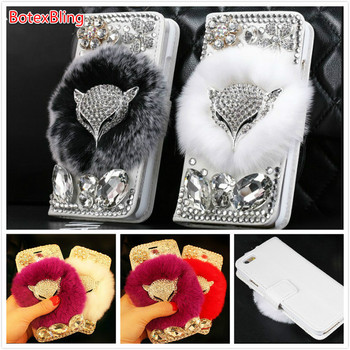 BotexBling DIY Fox Diamond fluffy plush Rabbit Fur Cover for samsung galaxy S6 edge plus s7 s5 s4 N5 N4 N8 s8 Flip Wallet Case 
