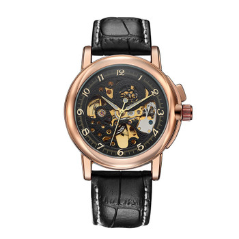 Antique Black Gold Automatic Skeleton Mechanical Watch Men Steampunk Retro Leather Analog Wrist Watches Horloges Mannen