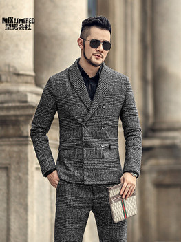 Men Autumn and Winter New Grey Pattern European Style Slim Casual Banquet Suit Men's Lattice Woolen Business Suit Blazer F311
