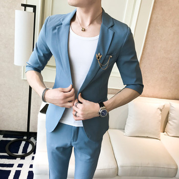 (Tops + pants) spring and summer new men's single button sleeve youth hair stylist Korean Slim suit suit two-piece