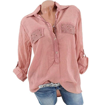 Spring Summer Top Women Fashion Lapel V-Neck Blouse Pure Color Sexy Ladies Long Sleeve Casual Loose Pocket Shirt Plus Size #YL