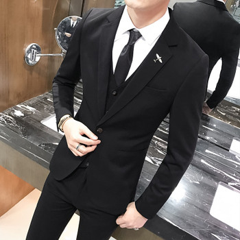 Mens Suit 3 Piece Set Pure Color 4XL Navy Blue Black Gray Jackets &amp; Pants+ Vests Business Wedding Banquet Men Slim Elegant Dress