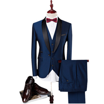 2018 New Pure Color Men's Suits Jackets + Pants + Vests 3XL 4XL Navy Blue Wine red Stylish Business Weddings &amp; Banquets Slim fit