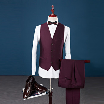 2018 New Pure Color Men's Suits Jackets + Pants + Vests 3XL 4XL Navy Blue Wine red Stylish Business Weddings &amp; Banquets Slim fit